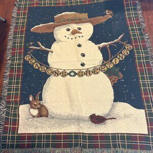 Vintage Woven Snowman Christmas Throw Blanket / Tapestry